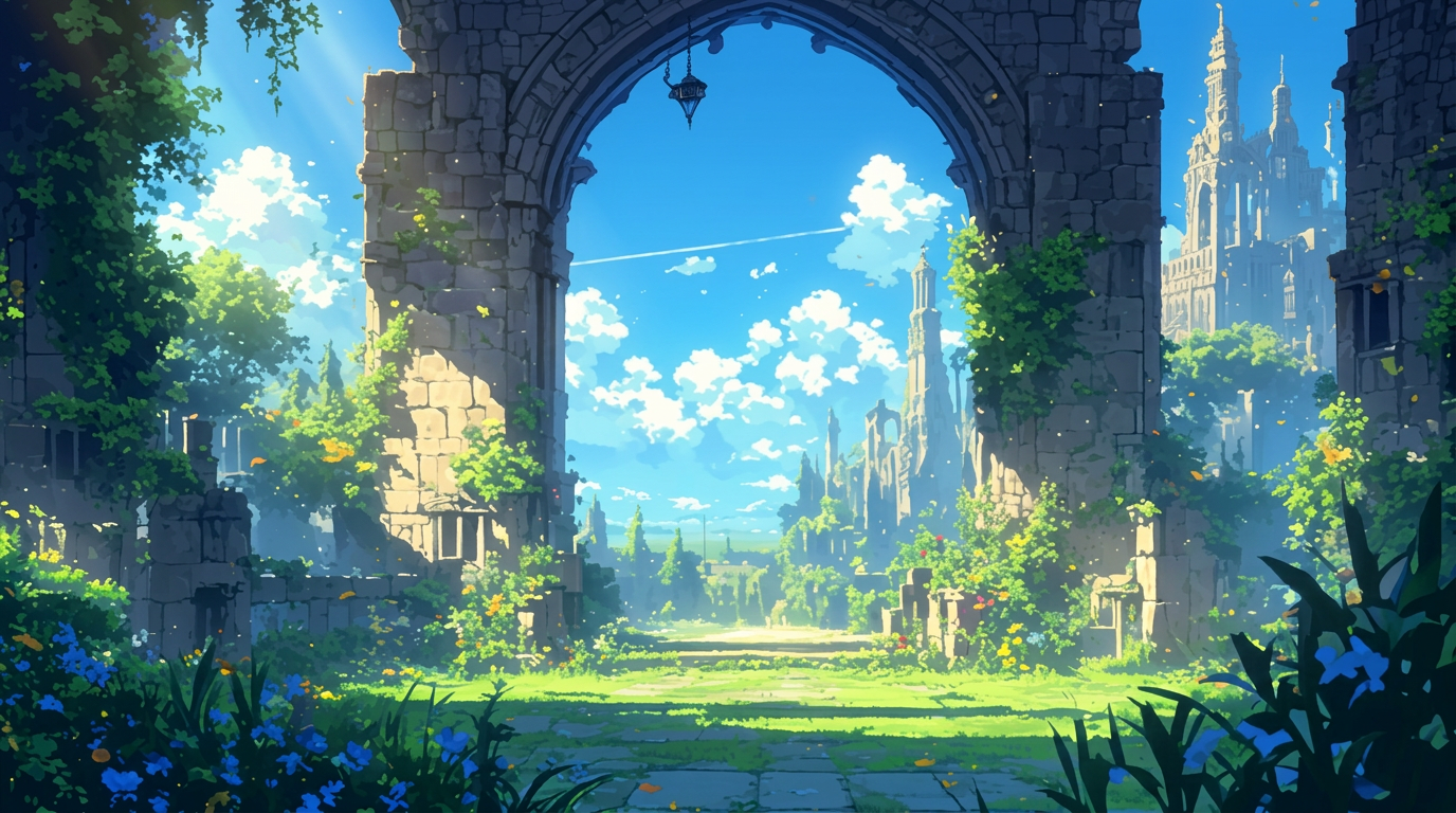 Studio Ghibli style landscape background